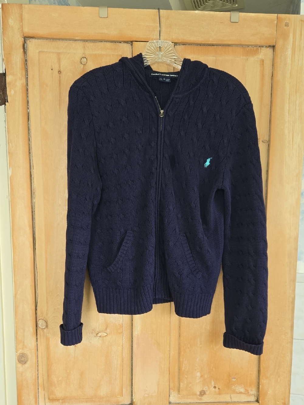 Polo by Ralph Lauren Navy Cable-Knit Zip-Up Hoodie Sweater with Teal Pony